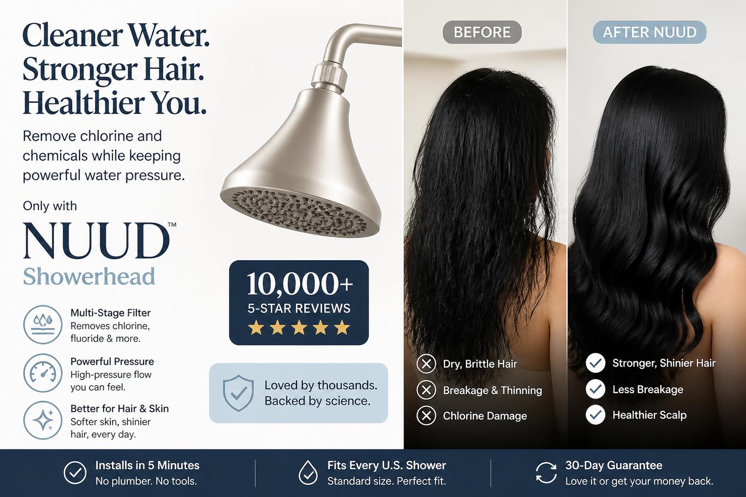 Side-by-side comparison of hair before and after using NUUD showerhead
